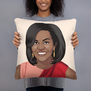a woman holding a pillow with a picture of herself