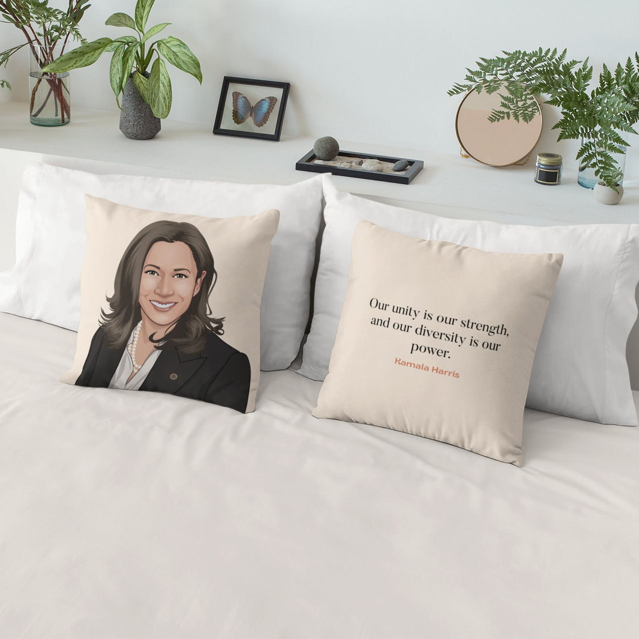 two pillows with a picture of a woman on them