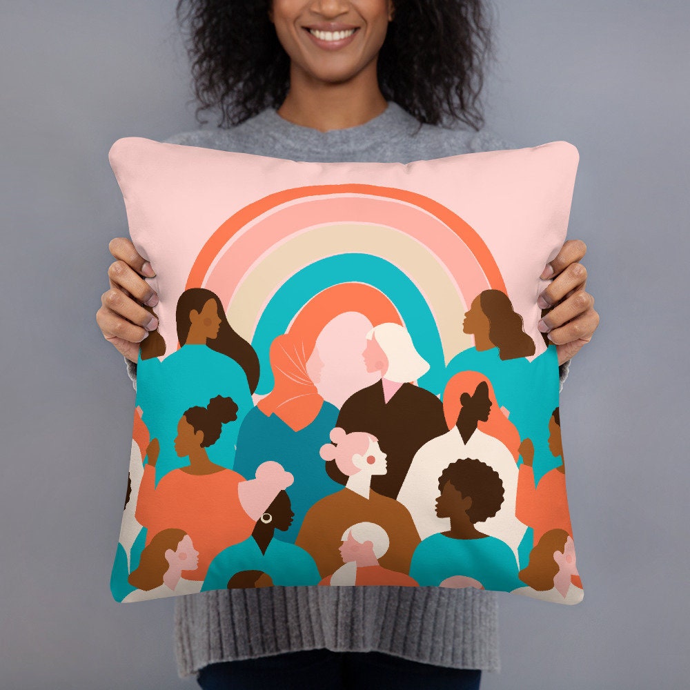 Feminist Diversity Rainbow Pillow, Girl Power Decor